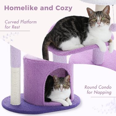 PETEPELA Cactus Scratching Post Small 84cm Modern Cat Tree Detachable Top Bed, Plush Cave, 2 Sisal Pillars, 2 Play Balls, Green (Purple)