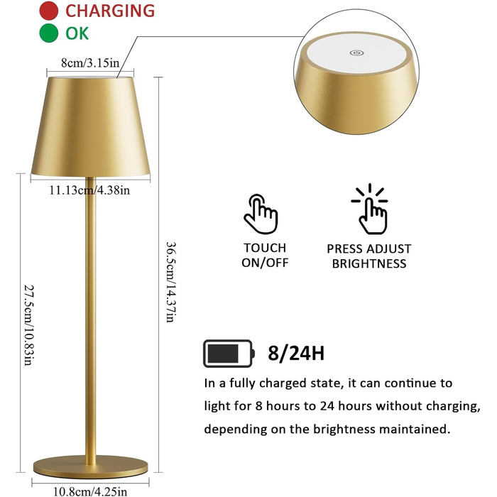 LED настільна лампа K-Bright з регулюванням яскравості, акумуляторна, бездротова, 3000K/4000K/6000K, 3 колірні температури, USB-C, IP54, чорна