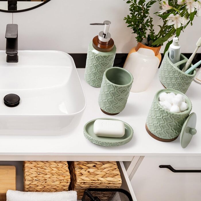 Набір аксесуарів для ванної кімнати з діамантами: тримач для зубних щіток, дозатор мила, контейнер для ватних паличок, стакан для зубної пасти, мильниця, 5 шт. Білий, з діамантами (зелений, 5 шт.)