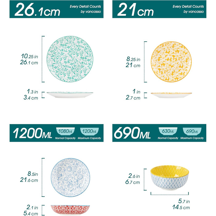 Набір посуду Vancasso Selene на 6 осіб, 24 елементи: тарілки, супові тарілки, миски, десертні тарілки з пастельного порцеляну. Підходить для мікрохвильової печі.