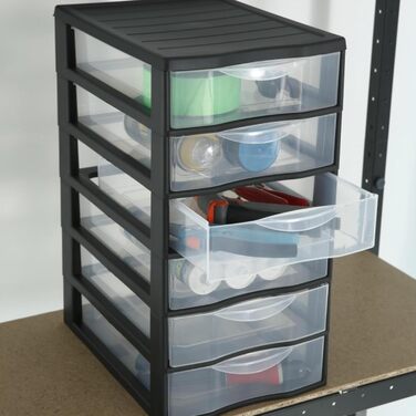 SUNDIS Orgamix, plastic drawer box, 6 transparent A4-size drawers, height 50 cm, stackable, ideal for storing office supplies, course materials, documents, accessories.