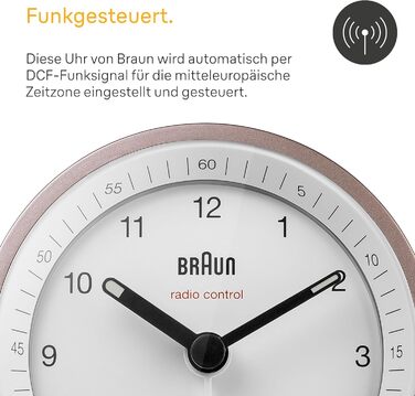 Classic analog radio alarm clock by Braun for the Central European Time zone (CET/GMT+1) with snooze function, lighting, quiet movement, crescendo alarm in white and rose, model BC07PW-DCF