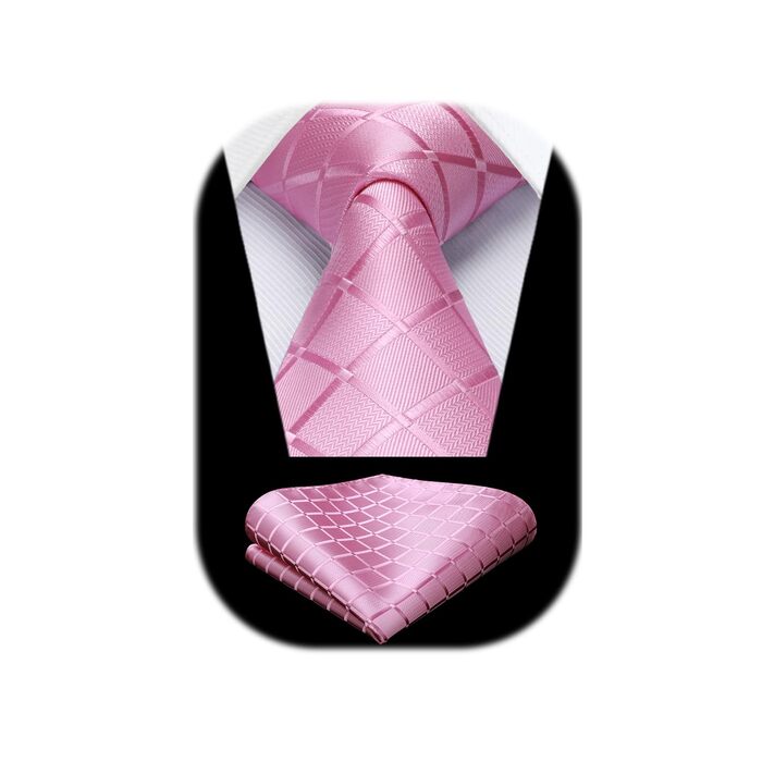 HISDERN Комплект краватки та нагрудного хустинки в клітинку для чоловіків (K Рожевий)