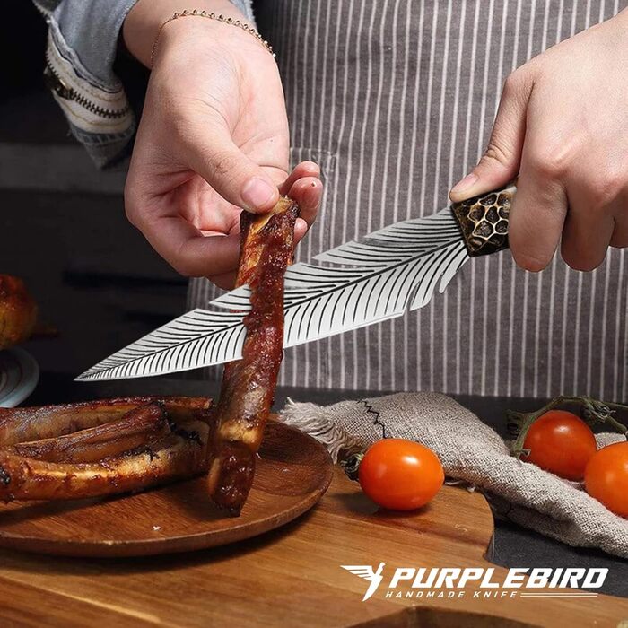 Ніж кухарський PURPLEBIRD з ручкою з дерева та шкіряною чохлом, для обробки риби та м'яса, туристичний ніж