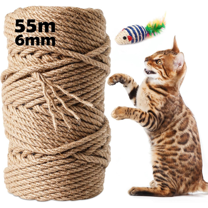 100M Sisal Rope for Cat Trees 8MM, Natural Sisal Rope for Cats, Scratch Rope, Household, Garden, DIY, Decoration, Cord for Replacement (55M x 6MM)
