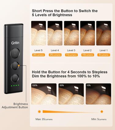 LED Кліпса для читання Gritin: USB-лампа, 3 кольори, регулювання яскравості, для книголюбів (біла/чорна)