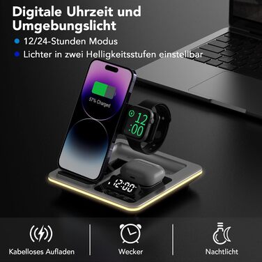 Багатофункціональна зарядна станція Hatalkin 5 в 1 для iPhone, Apple Watch та AirPods Pro. З функцією будильника та нічника, срібна