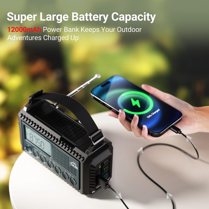 Радіо на ручному привіді AM/FM/SW з акумулятором 12000mAh, ліхтарик та SOS-сигнал, для туризму та кемпінгу, блакитне