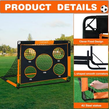 TTCB Sports 2-in-1 Kids Soccer Goal - 5 Target Areas, Pop-Up Soccer Goal Net with Carry Bag, Ideal for Soccer Training & Gifts for Boys - Orange, 150x120x120cm