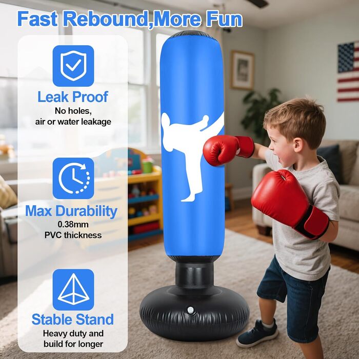 Дитячий боксерський мішок 160 см з рукавичками та насосом, надувний, для занять карате та тхеквондо, ідеальний подарунок для дітей від 6 років (Блакитний)