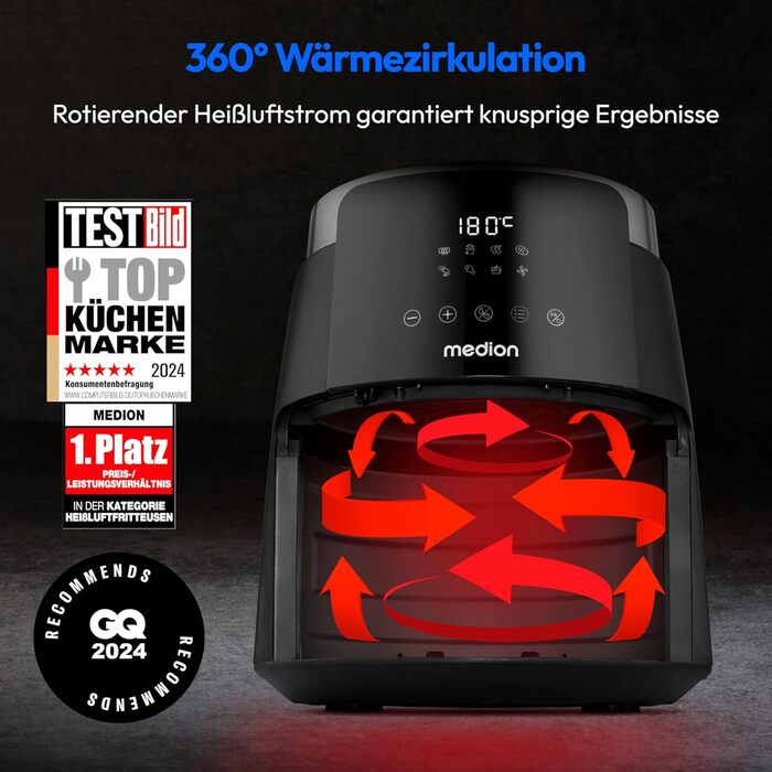 MEDION P40 L Фритюрниця без олії (4.7л, Airfryer, 1500 Вт, таймер 60 хв, до 200°C, антипригарне покриття, MD13030) білий (чорний)