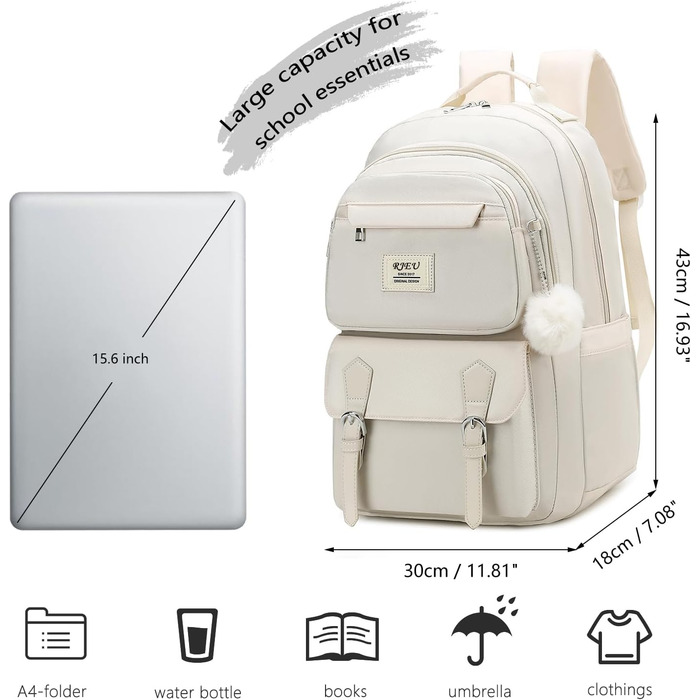 Шкільний рюкзак для дівчаток з відділенням для ноутбука 15.6 дюймів, стильний, для старшої школи та коледжу (Бежевий)