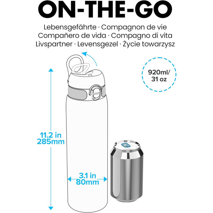 Ion8 Vacuum Insulated Stainless Steel Water Bottle, 1 Liter, 920 ml, Leak-Proof, One-Handed Opening, Secure Locking, Dishwasher Safe, Carrying Handle, Durable, Ideal for Sports and Yoga