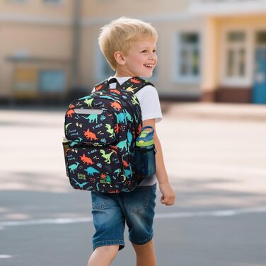 Дитячий рюкзак Bagseri для дівчаток 15L, легкий рюкзак для школи, дитячий сад та 1-2 класи, з нагрудним ременем та ізотермічним відділенням, формат DIN A4, з світловідбиваючими елементами (чорний динозавр)