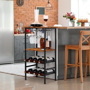 YBING Wine Rack, Freestanding, Floor Wine Bar Rack with Glass Holder and Tabletop, 8 Bottles, Wood Wine Tables with Shelves, 4 Tiers, Wine Bottle Organizer, Display Stand, Rustic Brown