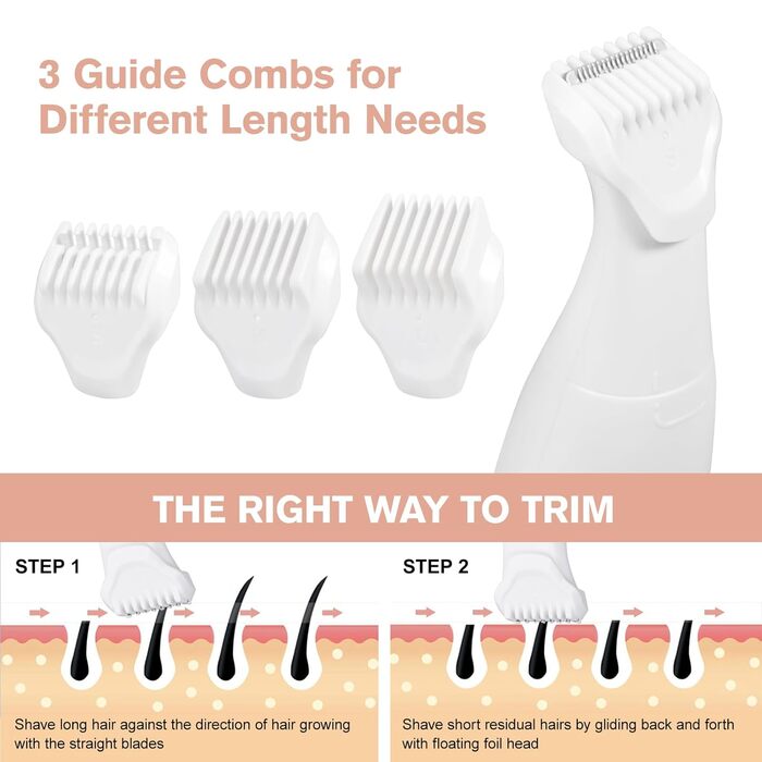 Електричний жіночий тример Carehabi 5-в-1 для тіла, обличчя та бікіні. Вологостійкий (IPX7) з USB-станцією.