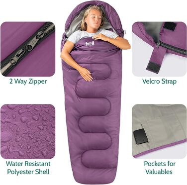 Спальний мішок для дорослих Trail 3 сезони – для кемпінгу, піших прогулянок, подорожей – 300 GSM – з внутрішніми кишенями – фіолетовий