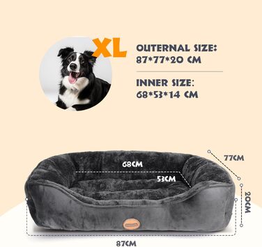 Dog Bed for Dogs 67x57cm, Non-Slip Dog Basket, Super Soft Fiber Filling, Washable Pet Bed for Small and Medium Dogs and Cats (L 87 x W 77 x H 18 cm, Black)