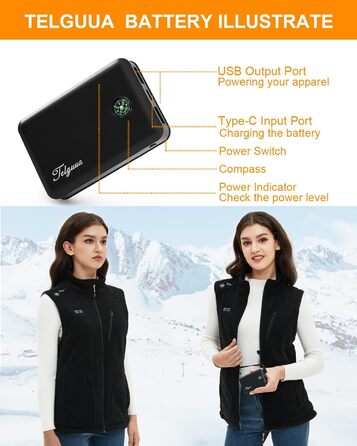 Тепла флісова жилетка з підігрівом для жінок Telguua з акумулятором 5V 10000mAh, 6 зон нагріву, 3 рівні температури, для кемпінгу, походів, сноубордингу, катання на лижах, чорна