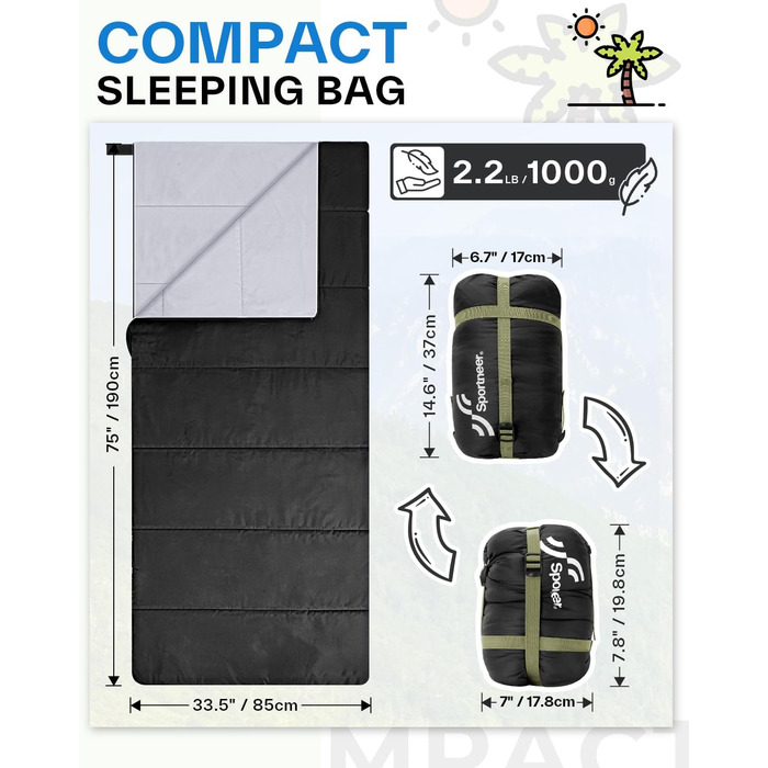 Sportneer Summer Sleeping Bag - Lightweight, Waterproof Camping Sleeping Bag for Backpacking, Hiking, Travel - 190x85cm
