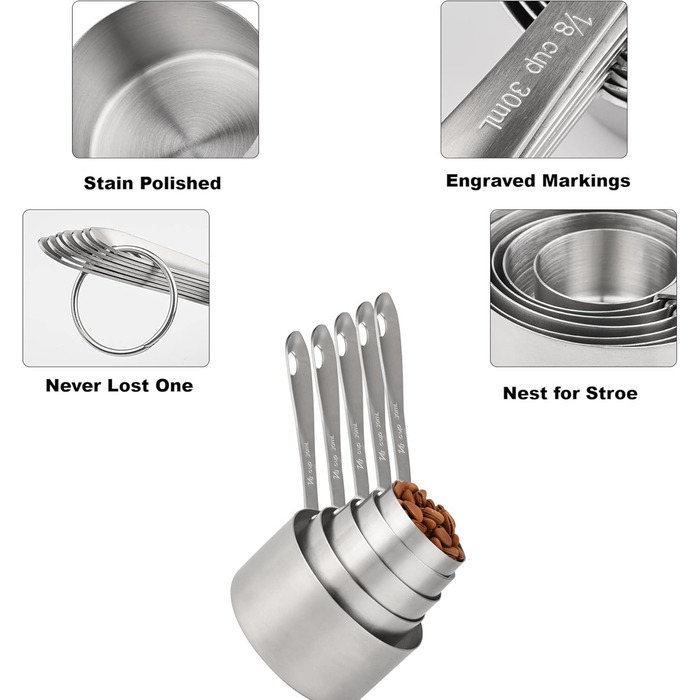 IFFMYJB Measuring Cups and Spoons 11-Piece Set, 5 Stainless Steel Nesting Measuring Cups, 6 Measuring Spoons, Metal Measuring Spoons and Cups for Dry or Wet Ingredients During Cooking & Baking