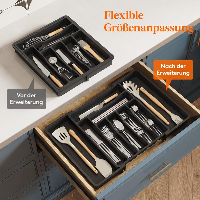 Lifewit Small Cutlery Organizers for Drawers, Expandable Cutlery Insert for Kitchen Drawers, Adjustable Cutlery Box Plastic Cutlery Spoon Fork Knife Holder, 2-Pack, Black