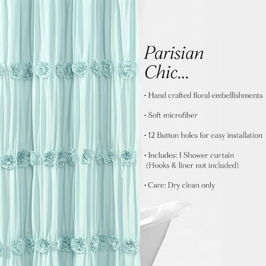 Штора для душу Lush Decor Darla з рюшами та квітковим малюнком, поліестер, біла, 183x183 см (блакитна)