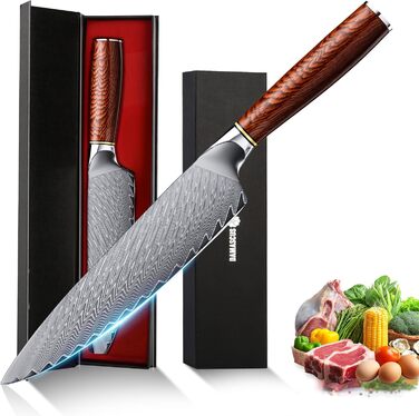 Японський професійний кухонний ніж Hoforife 20 см з дамаської сталі VG10 з ергономічною ручкою з дерева в подарунковій коробці