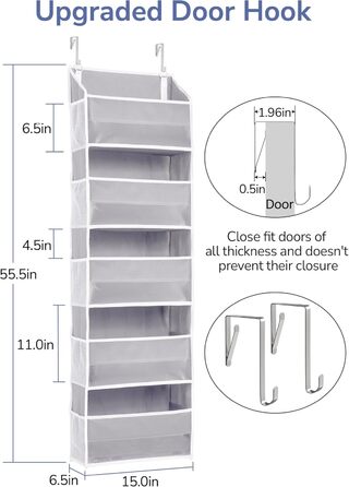 Органайзер для дверей ULG з 5 великими та 10 сітчастими кишенями, вантажопідйомність 20 кг, для спальні, ванної, кухні (сірий)