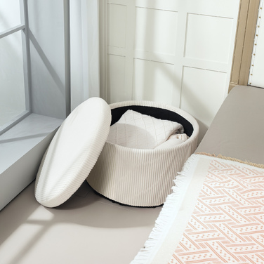 HOMCOM Storage Ottoman with Lid, Round Upholstered Footstool with Corduroy Look for Living Room, Bedroom 60 x 60 x 41 cm Beige | Aosom