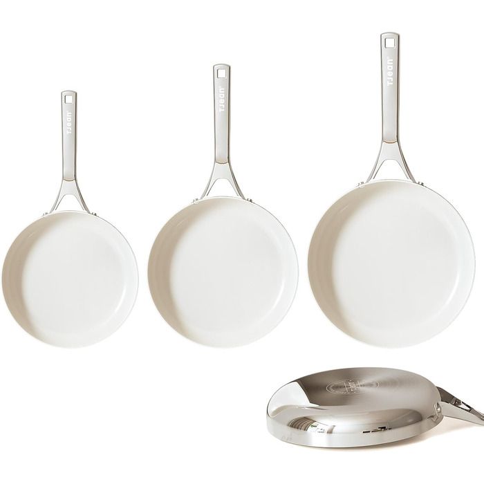 Набір сковорідок з керамічним антипригарним покриттям Tjean (без PTFE, PFOA, PFAS) з нержавіючою ручкою, підходить для індукційних, газових, електричних плит та духовки до 280°C (кремовий, 20+24+28 см)
