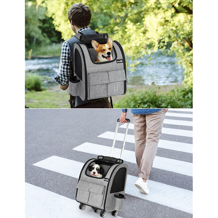 Pecute Rolling Backpack for Dogs and Cats, Dog Trolley Cat Carrier with Mesh Window, Foldable Travel Bag, Lightweight Dog Stroller, Grey