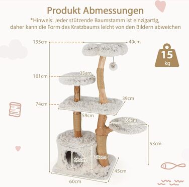 Дерев'яний кігтеточка SOARS для котів з 3 природними стовбурами, ліжком та плюшевими поверхнями, кігтеточка з іграшковим м'ячиком та джутовим мотузком, багатоповерхова, 49 x 59 x 110 см, білий