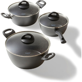 STONELINE Ceramic Cookware Set, 6-Piece, 18/20/24cm Pots with Lids. PFAS-Free, Non-Stick Pot. Suitable for Induction and All Cooktops with Ceramic Coating and Real Stone Particles. Cookware Set, Grey, 6-Piece