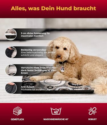 Підстилка для собак XS (45x65 см) – нековзна та м'яка з 3 см наповнювачем – ідеальна для дивана, авто та переноски – виготовлено в Німеччині (65 x 95 см, Мандала Антрацит)