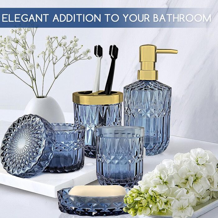 Набір для ванної кімнати скляний 5 предметів Lotionspender синій - розкішний органайзер для ванної (мильниця, стаканчик, тримач для зубних щіток)