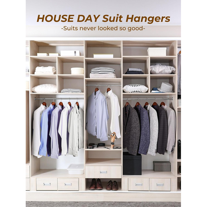 Дерев'яні плечики HOUSE DAY для костюмів, 6 шт., з широкими плічками, нековзкі, з обертовим гачком, темний горіх, для піджаків, сорочок, пальт, штанів та костюмів