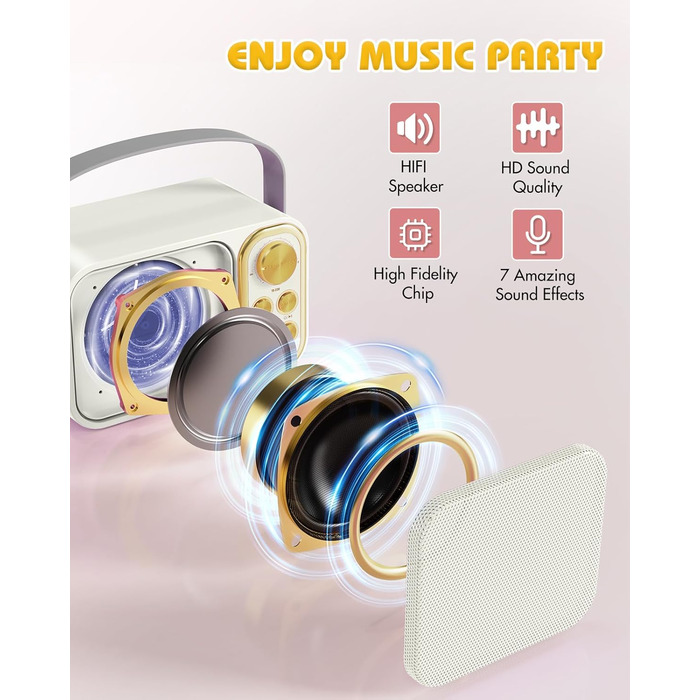 Караоке машина з 2 мікрофонами, портативна Bluetooth колонка для дітей та дорослих, 7 звукових ефектів, ідеальна для вечірок та свят (біла)