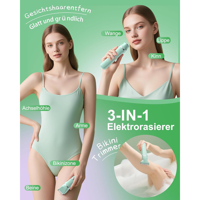 Електричний жіночий триммер 3-в-1 для тіла та обличчя, водонепроникний, зелений