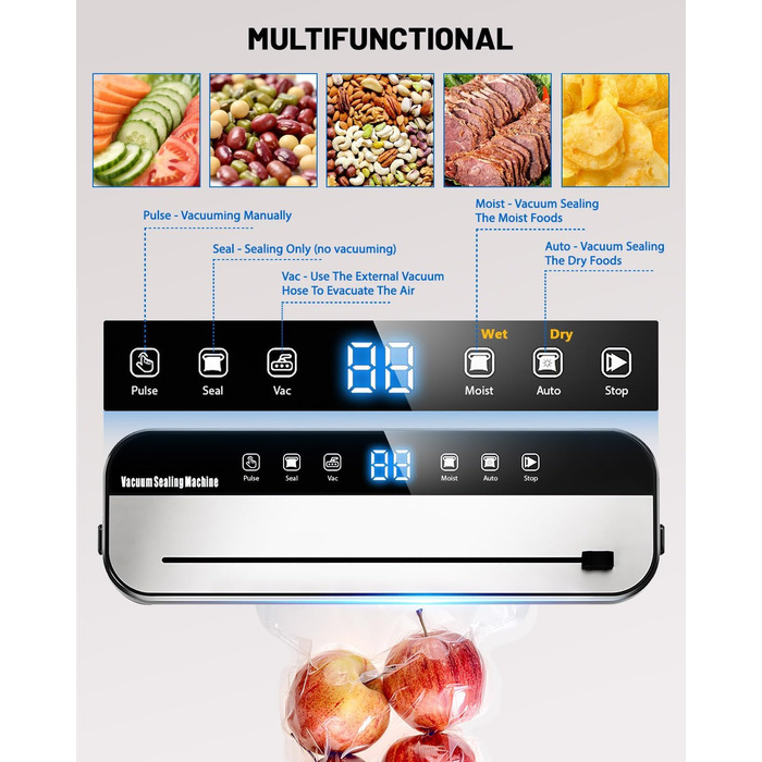 Вакуумний пакувальник FANNOU 5-в-1 для продуктів харчування, з зовнішнім вакуумуванням для банок та контейнерів, чорний