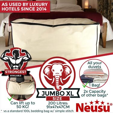 Neusu XXL сумка для зберігання 200 л, 91x47x47 см, міцна 600D, для постільної білизни, одягу, подорожей, до 50 кг, захист від бруду і плісняви, бежева