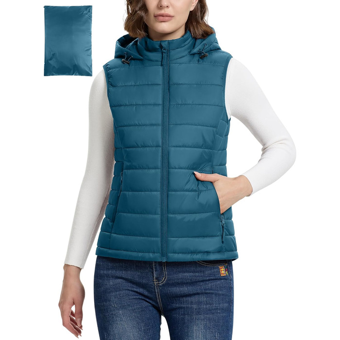 Стьобана жилетка Outdoor Ventures для жінок з капюшоном, гібридна спортивна жилетка для туризму та велоспорту, тепла жилетка з коміром-стійкою, колір Керамічно-блакитний, розмір S