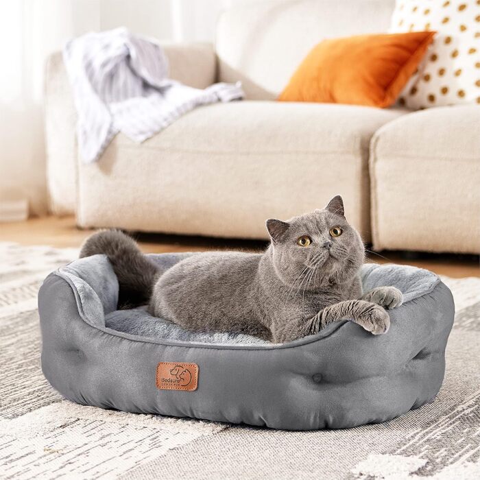 BEDSURE Cat Bed Washable - 63x53x20cm Cat Bed Grey with Reversible Inner Cushion Cat Sleeping Place for Cats or Small Dogs