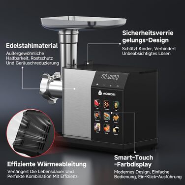 М'ясорубка електрична AAOBOSI 3000W з LED-дисплеєм, 3 швидкості, анти-затор, контейнер для зберігання, для ковбас та кібе, срібляста