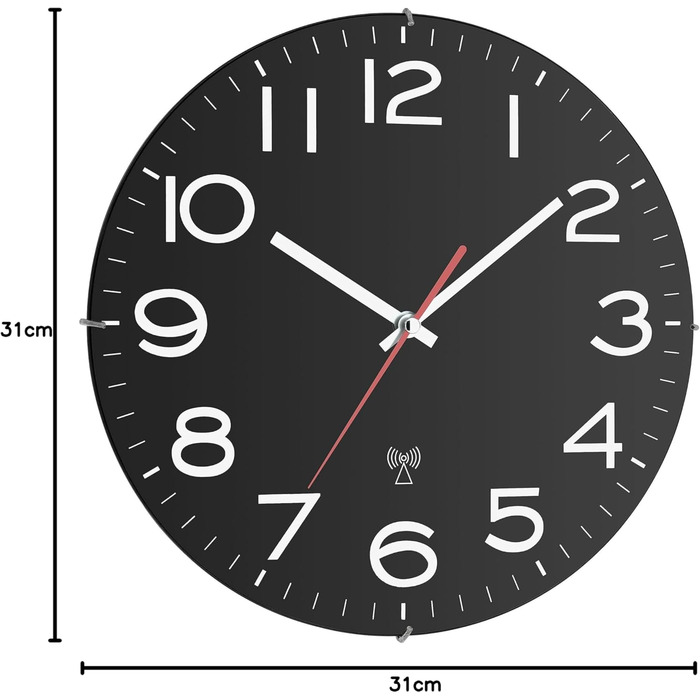 TFA Dostmann Analog Wall Clock Black with White Numbers, 60.3509, Radio-Controlled Wall Clock Ø31 cm, Modern Design for Living Room, Kitchen, Office, with Second Hand