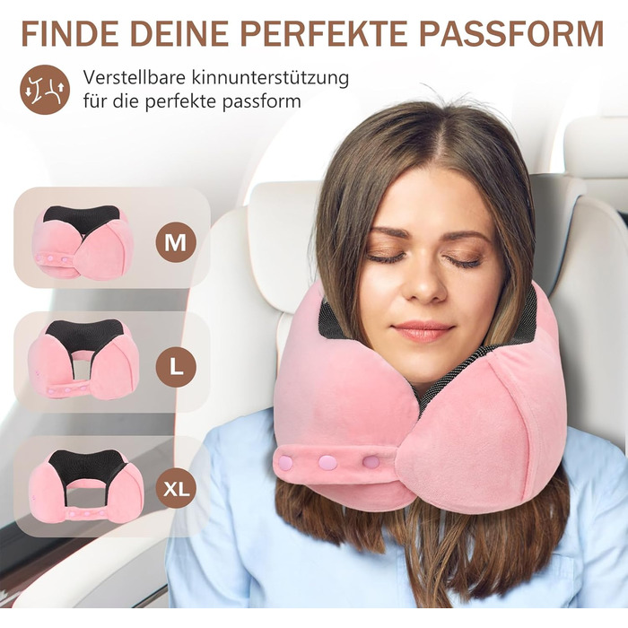 Подушка для шиї у літак, доросла, з піною з пам'яті, регульована, з маскою для сну та берушами, чорна (рожева)