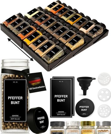 Spice Jars with Rack [24 x 120ml] including 300 Spice Labels [DE] - Spice Rack with Jars - Spice Organizer Drawer - Spice Rack Drawer with Jars Spice Rack System Black