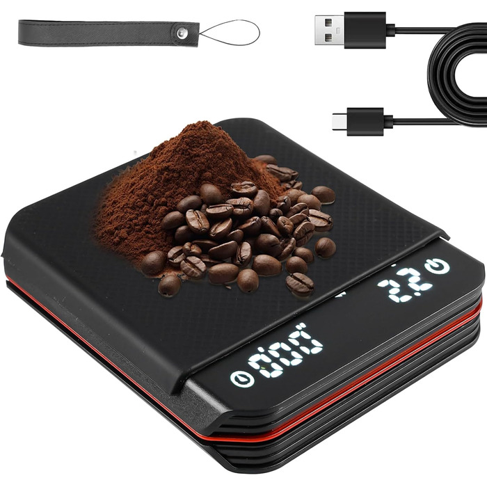Еспресо вага з таймером, 3 режими, USB, цифрова міні вага для кави з LED-дисплеєм, таймер, 0.1г, висока точність, для фільтр-кави, приготування їжі, випічки, точна вага (чорний)