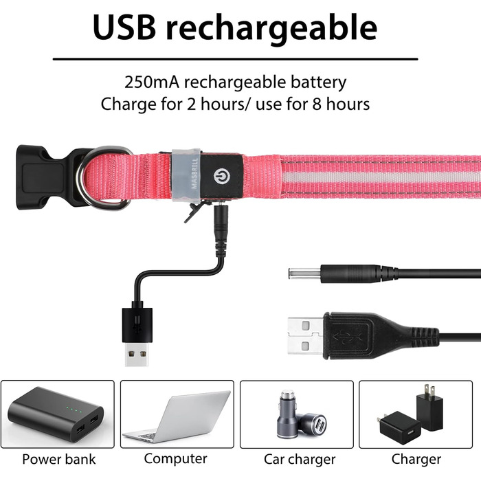 Світловідбиваючий нашийник для собак ASBRILL з LED підсвічуванням, водонепроникний, регульований, 3 режими освітлення, для маленьких, середніх та великих собак (XS, Рожевий)