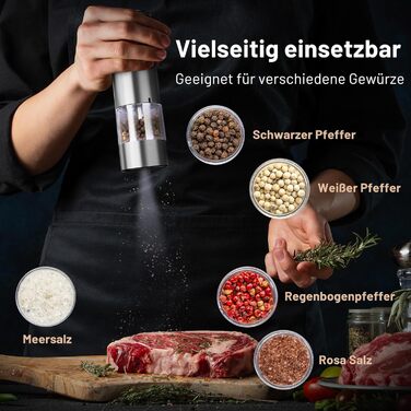 Електричні млини для перцю та солі SIMPLETASTE, набір 2 шт. з регульованим керамічним жорном, з нержавіючої сталі, з LED-підсвічуванням, на батарейках